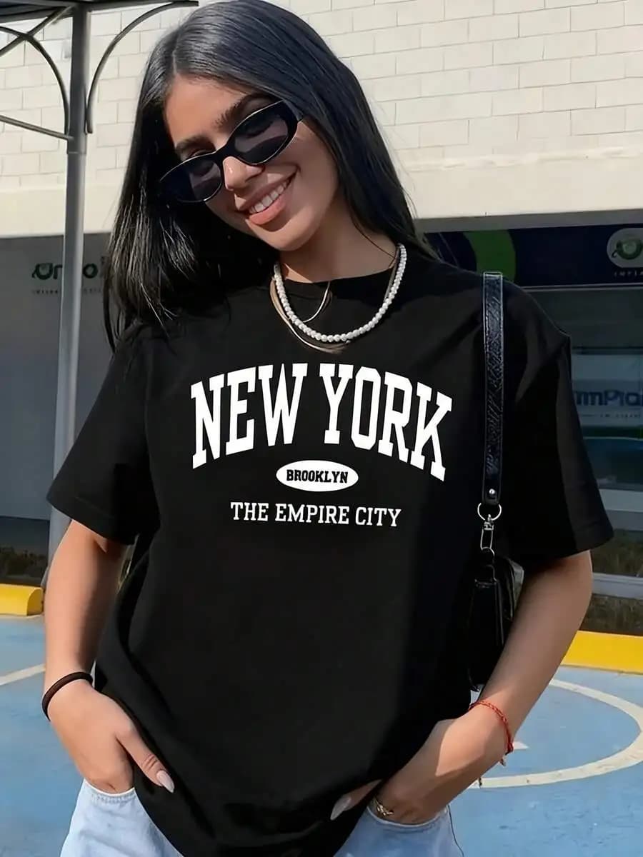 New York Brooklyn The Empire City T-shirt stampata da donna in cotone sciolto a maniche corte con scollo rotondo