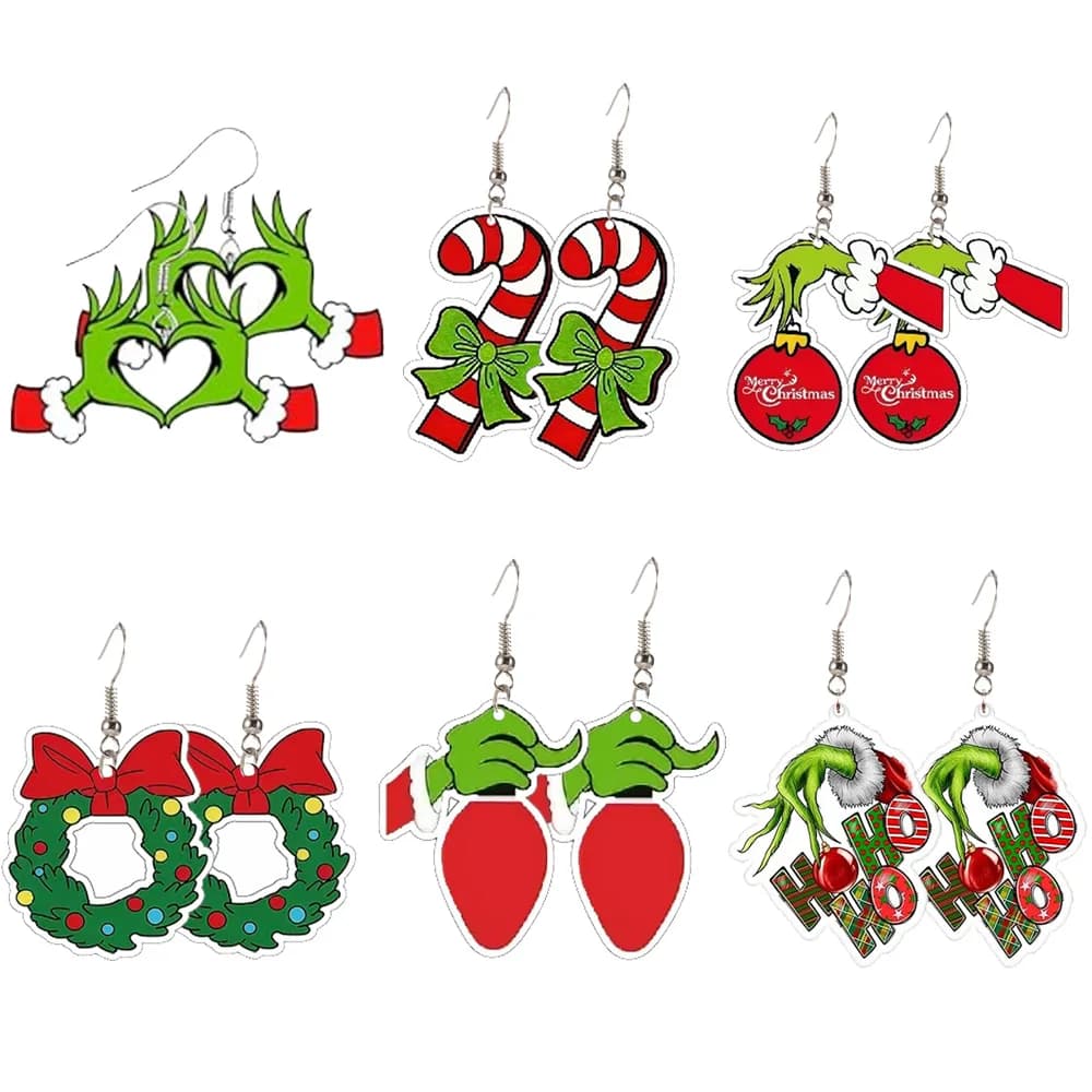 6 paia di orecchini natalizi in acrilico verde Buon Natale lettera stampella Gesto Bowknot HO Atmosfera di festa Set di decorazioni per feste