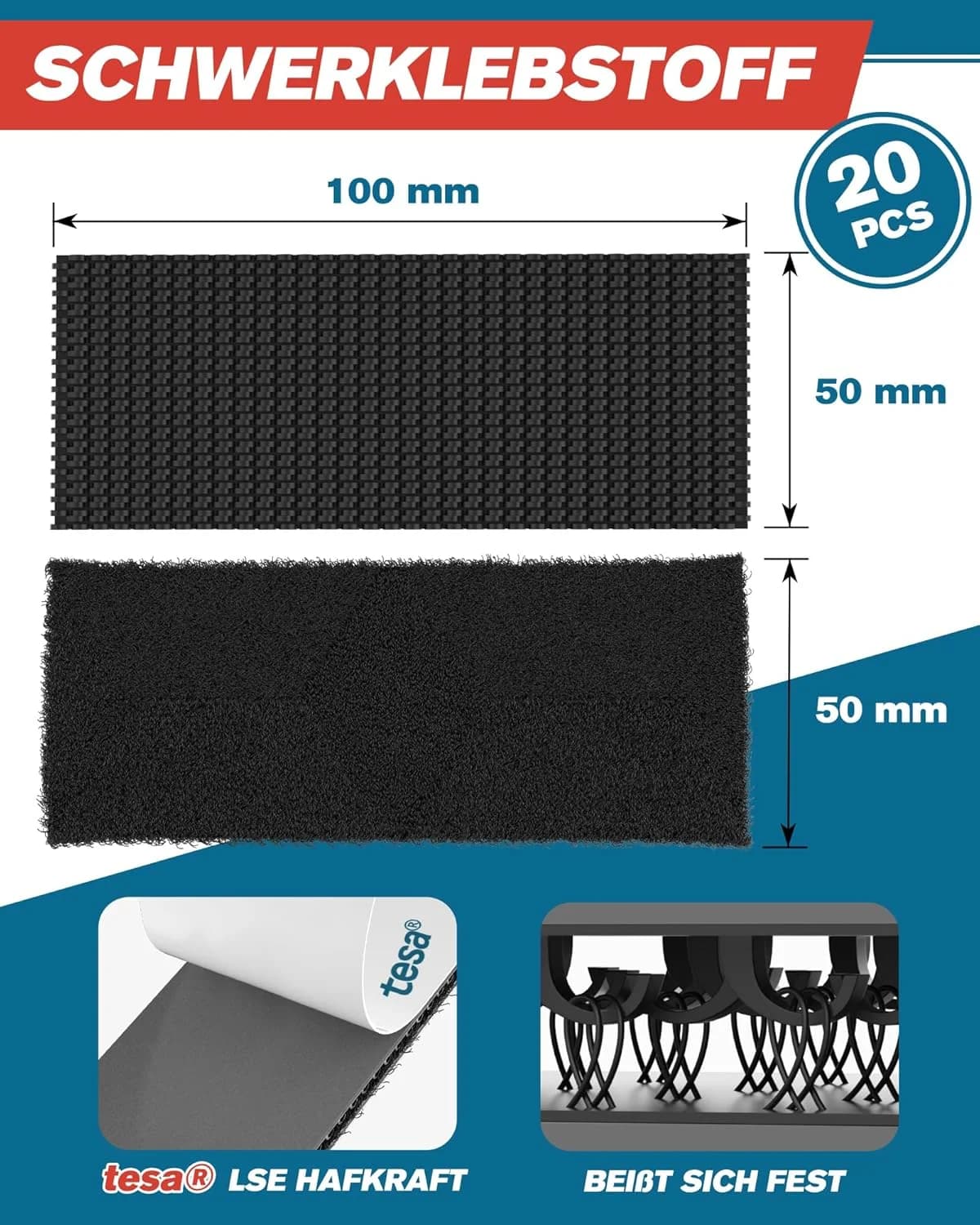 50mm×100mm Hook & Loop Tape Heavy Duty Self Adhesive Magic Tape Waterproof Reusable Nylon Strips For Home Office Fixing