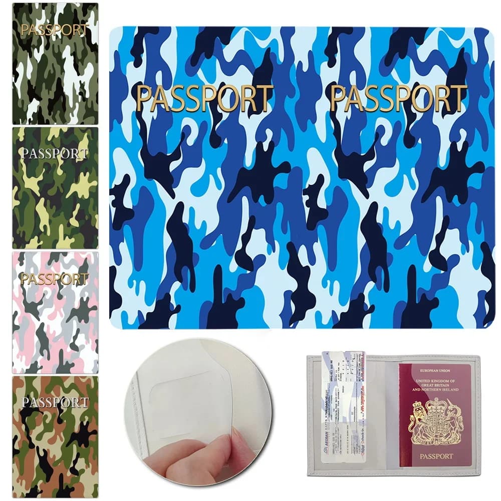 Nuovo Porta Passaporto in Pelle con Porta Biglietti Aerei e Carte, Portafoglio da Viaggio, Custodia per Carte di Credito, Motivo Mimetico