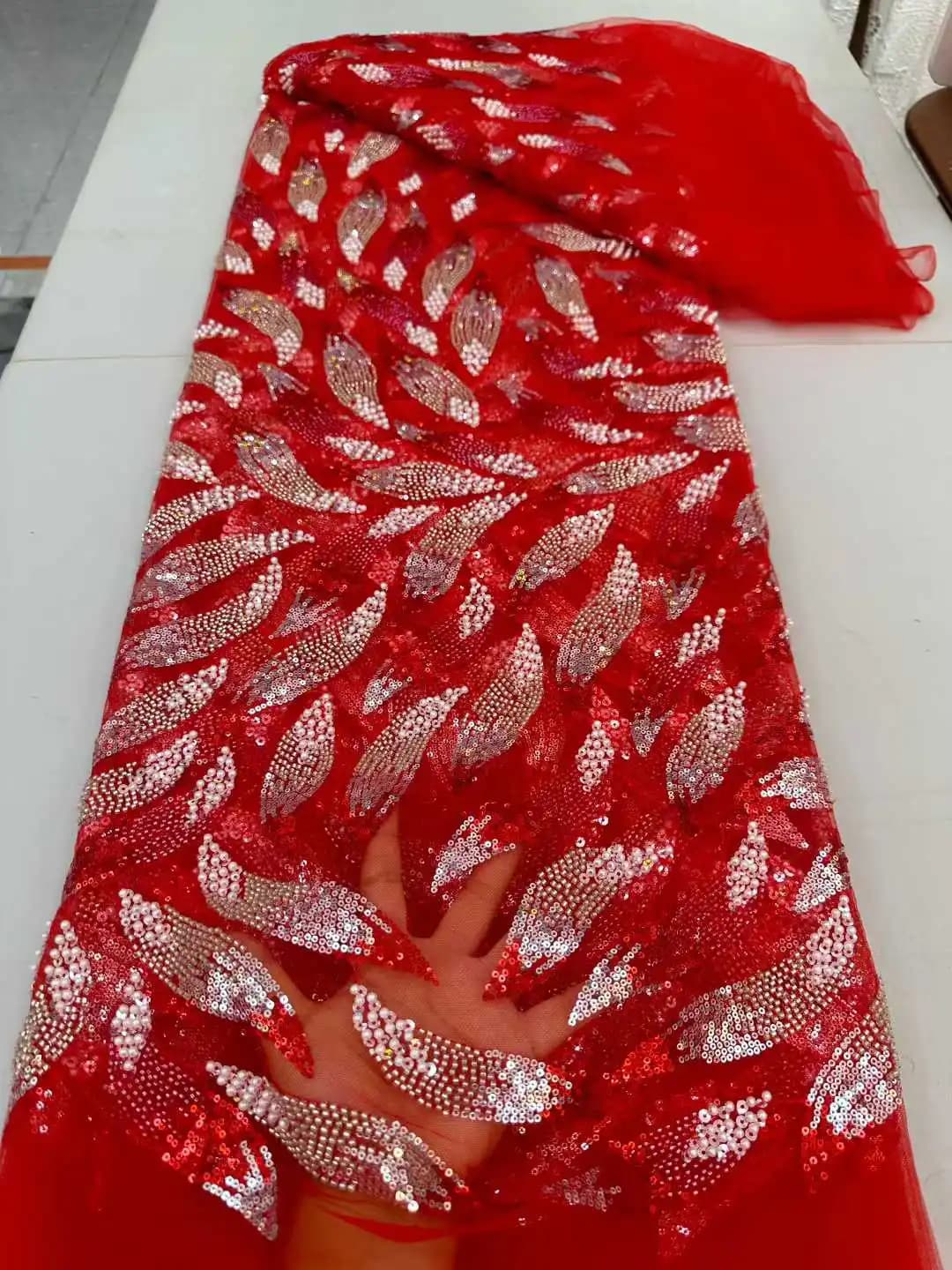 Tessuti di pizzo africani di lusso, tessuti nigeriani in rete francese con perline e paillettes, pizzo a rete per abiti da sposa e da festa