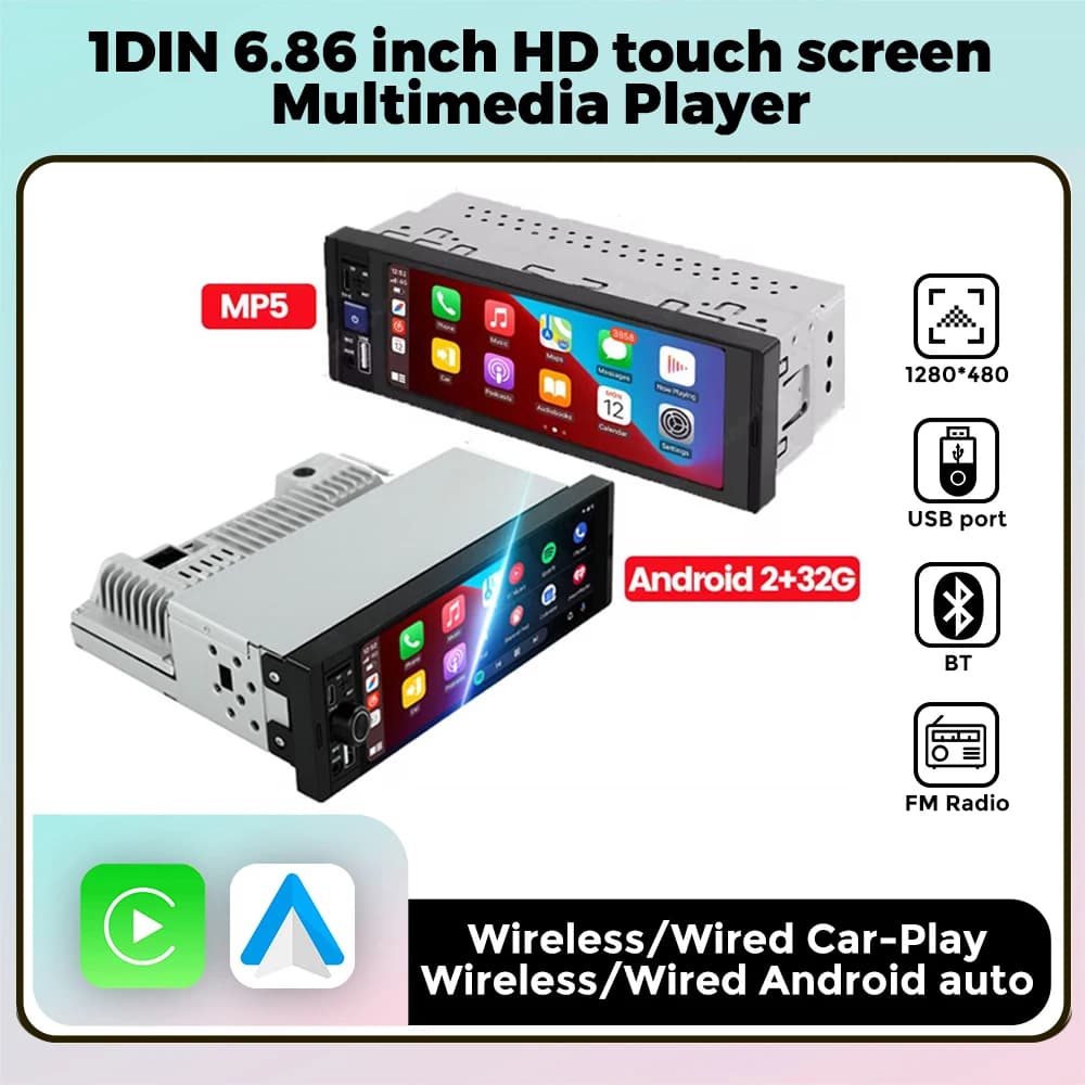 MEKEDE Universale 1din Autoradio da 6,86 pollici Multimedia Smart Screen Wired/Wireless CarPlay Andriod Auto BT USB TF FM Auto Radio