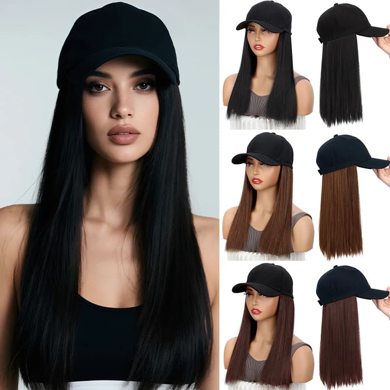 Fashionable black wig baseball cap in one piece, adjustable hat wig with synthetic smooth hair, comfortable fit for everyday casual clothing