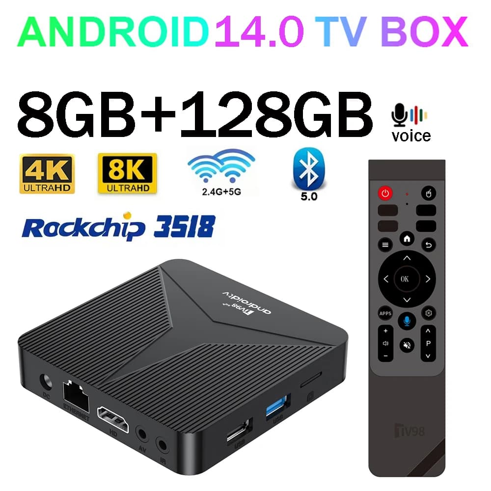 TV Box Android 14 TV98 ATV Smart iptv 4G 5G Wifi6 BT5.0 8K 4K Ultra HD Voice remote 8GB 128GB RK3518 Set Top Box