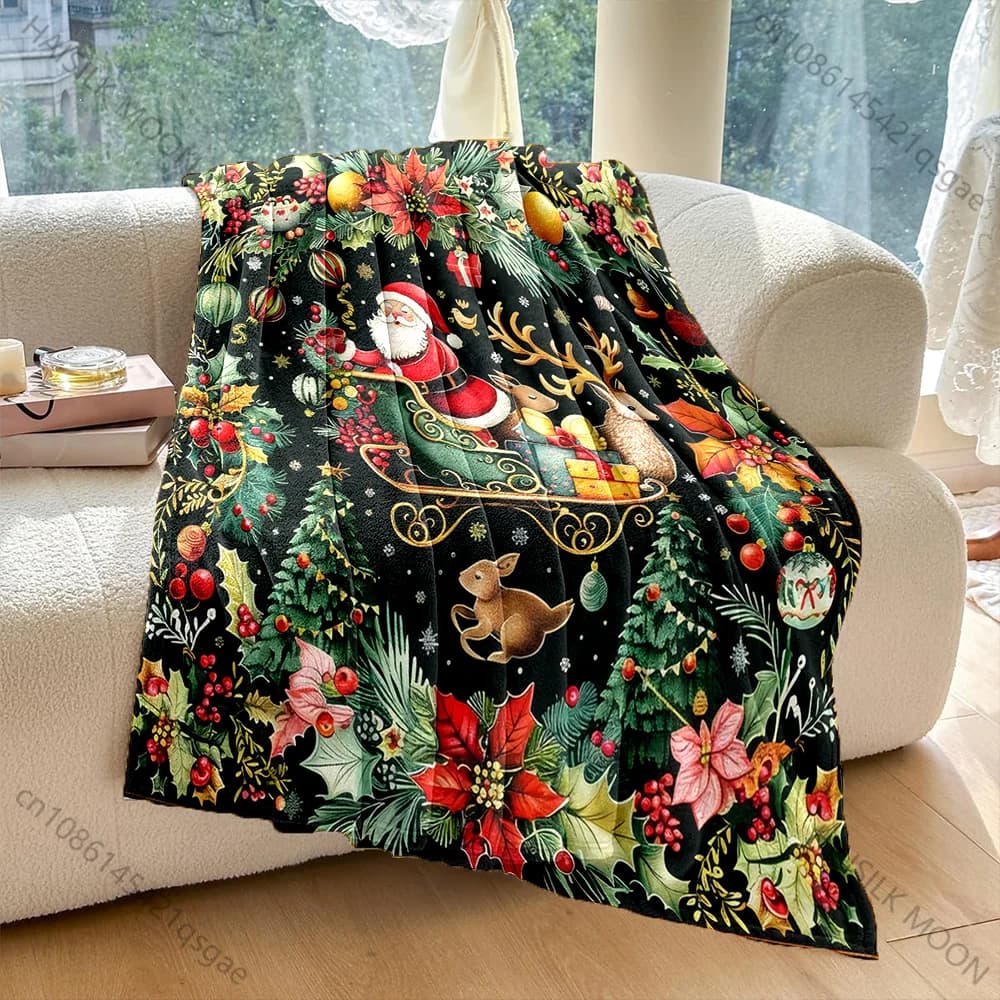 Atmosfera natalizia Coperta con stampa floreale di Babbo Natale Materiale in flanella Morbido e caldo per tutte le stagioni, Picnic da campeggio all'aperto per la casa