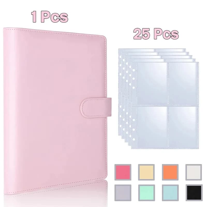 A5 Notebook Photocard Binder with 4 Pockets Sleeves, 6 Ring PU Leather Binder Loose Leaf Personal Organizer Photo Binder Book