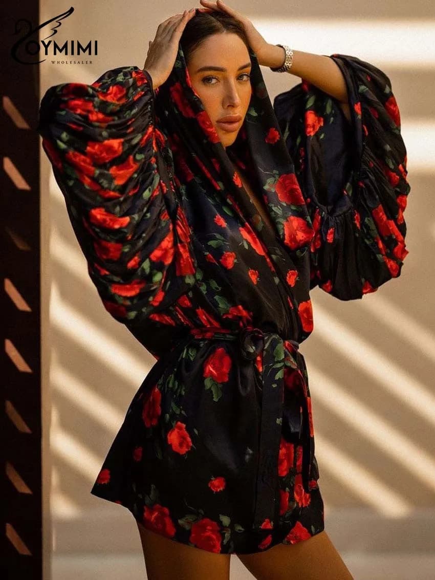 Oymimi Moda Abiti con stampa nera 2025 Donna Elegante scollo a V profondo Manica a lanterna Abiti con lacci Mini abito allentato casual Donna