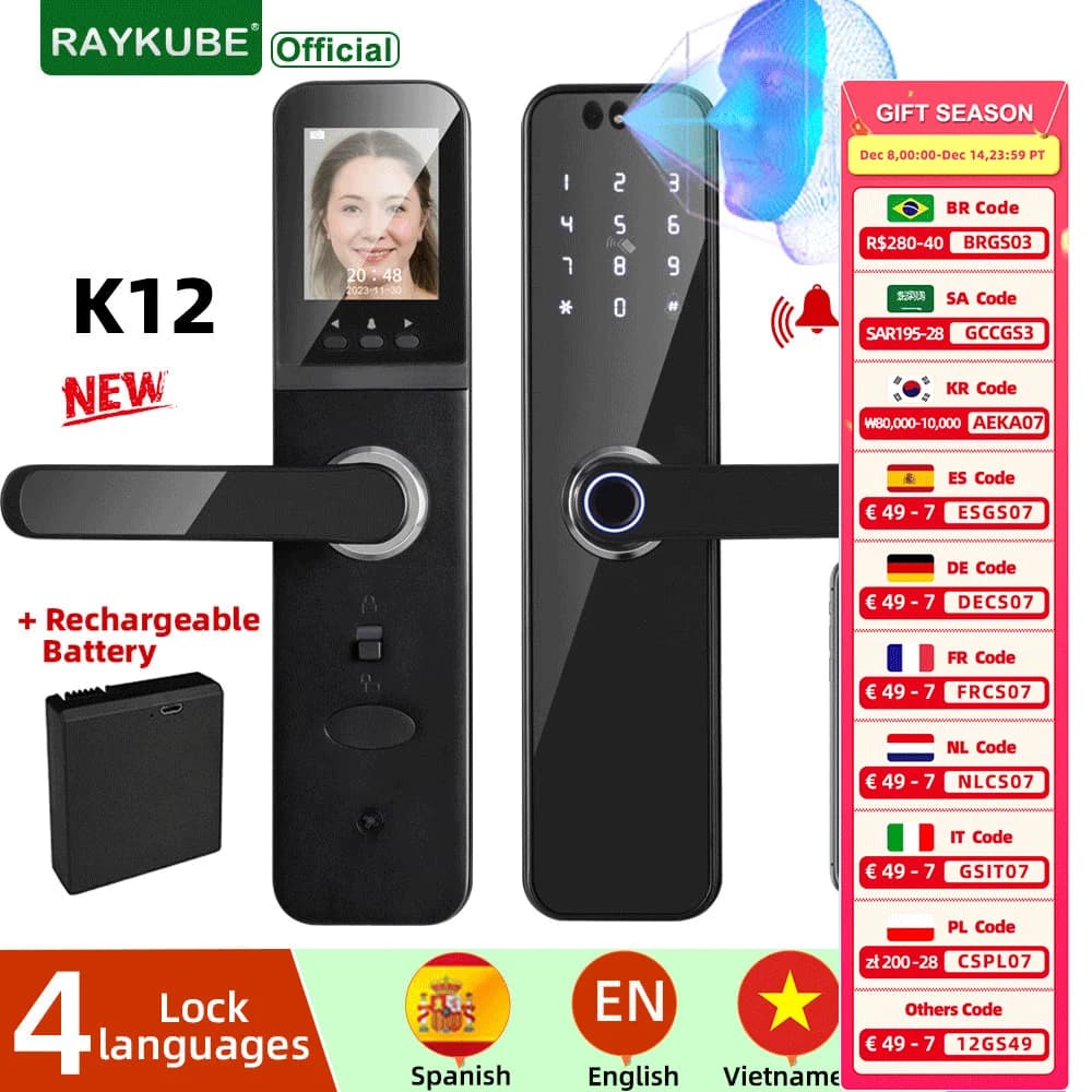RAYKUBE K12 Tuya WiFi Telecamera Serratura elettronica 3D Riconoscimento facciale Impronta digitale Serratura intelligente con schermo Batteria ricaricabile