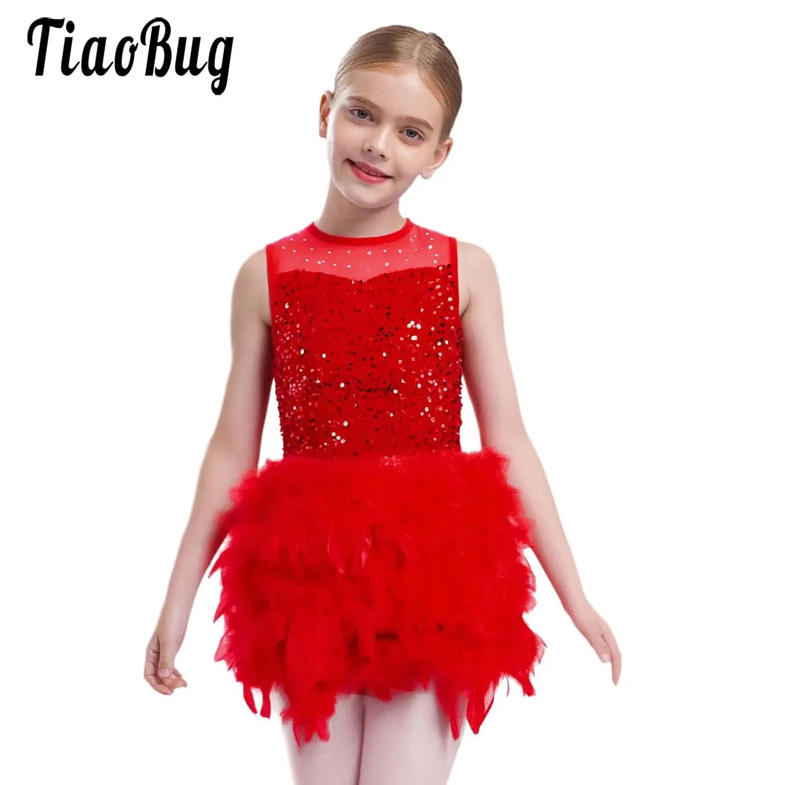 Bambini Ragazze Fata Prom Party Pattinaggio di figura Modern Dancewear Body con paillettes Patchwork Piuma Tutu Dress Danza Ballerina Costumi