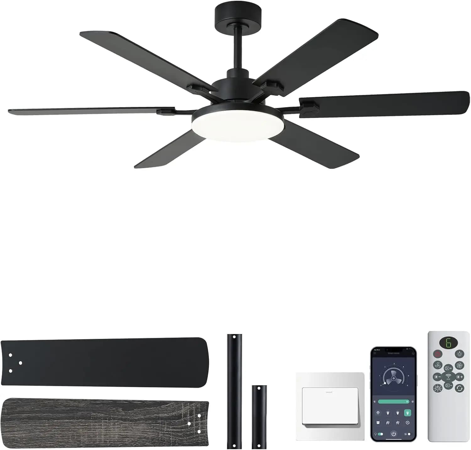 Ventilatore da Soffitto da 56 Pollici con Luci, Telecomando, 6 Pale, LED Dimmerabile, Motore Silenzioso per Uso Interno ed Esterno
