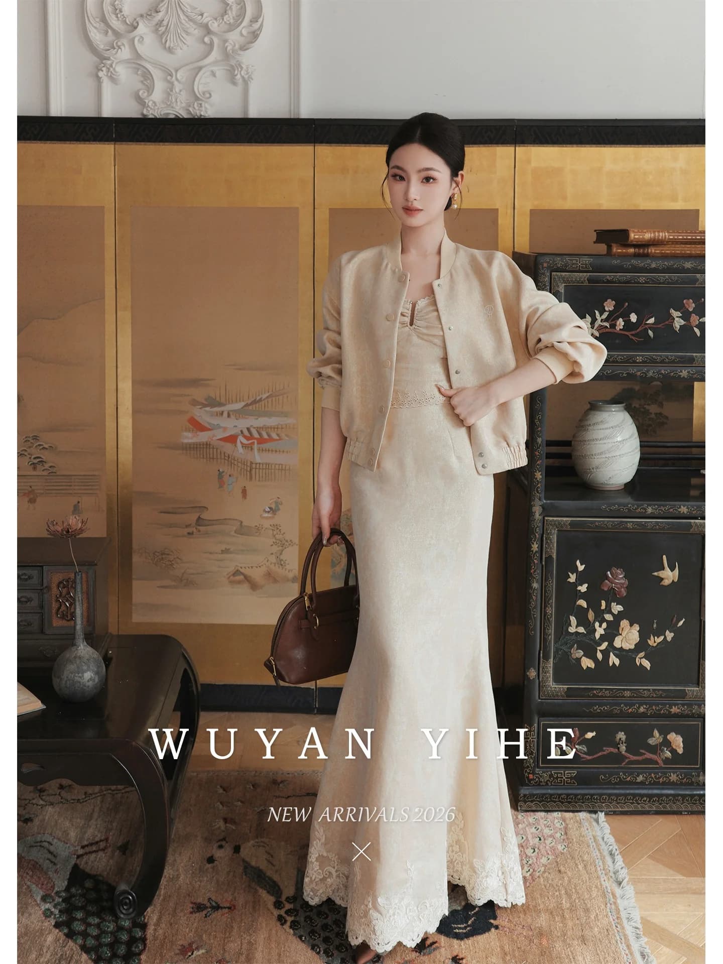 Gold Embroidered Casual Jacket with Halter Skirt Set Heavy Work Cotton Linen Blend Spring Fashion Women's Ensemble