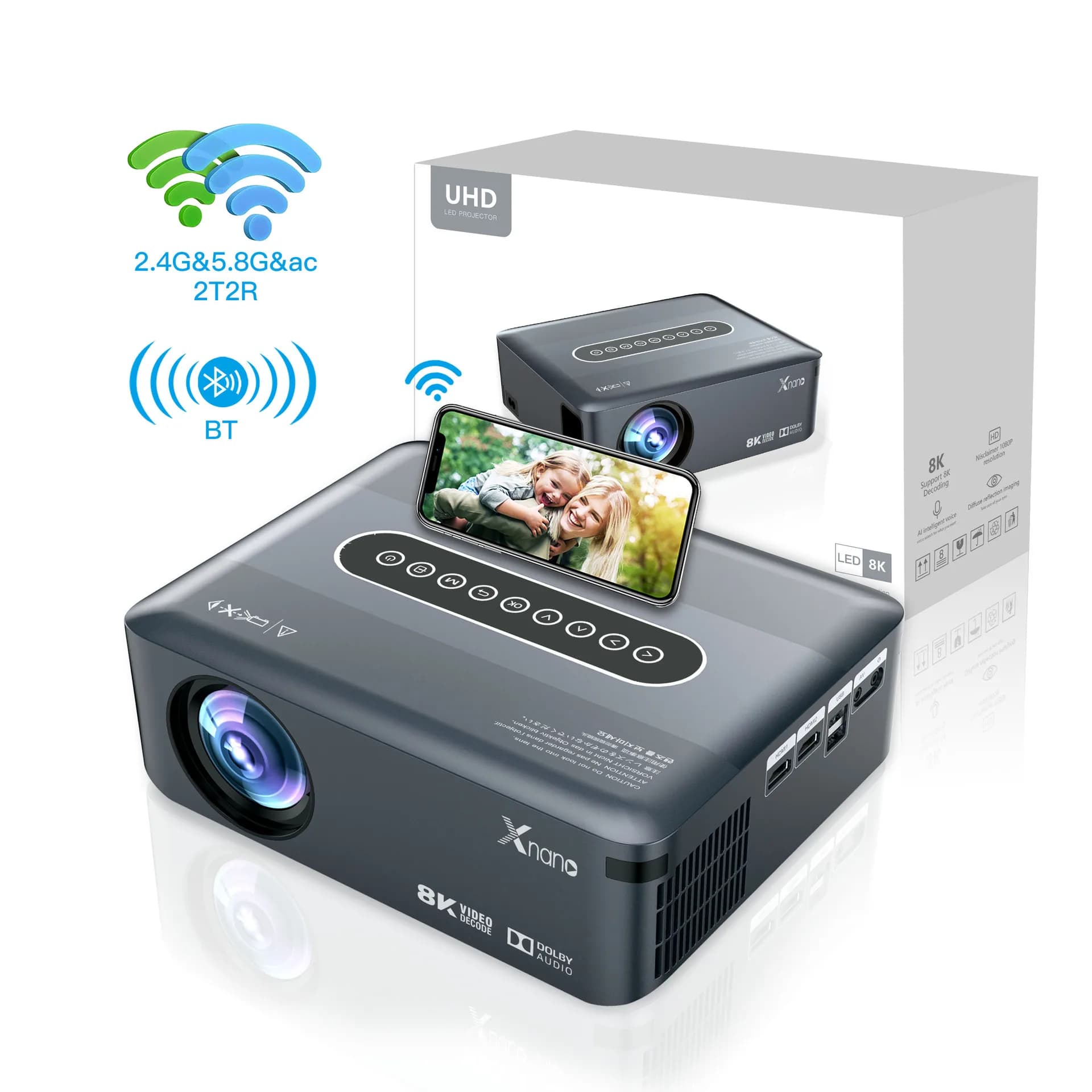 Proiettore portatile da esterno per uso domestico Proiettore intelligente da campeggio con schermo wireless ad altissima definizione 1080P