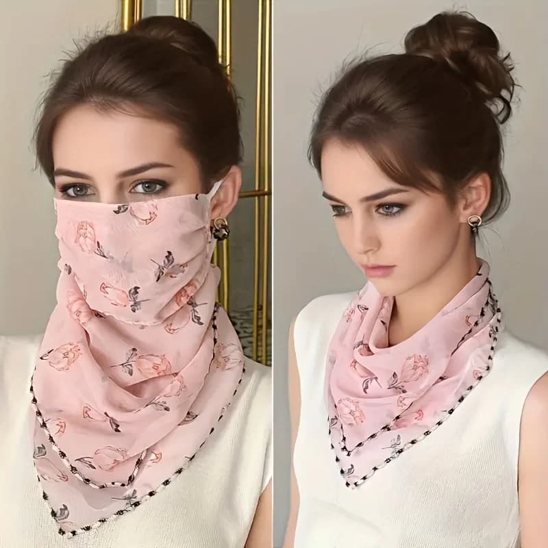 Sciarpa Floreale Protettiva da Sole per Donna, Maschera Regolabile in Chiffon Stampato per Protezione Viso, Bandana Protettiva per Collo in Seta Ghiaccio