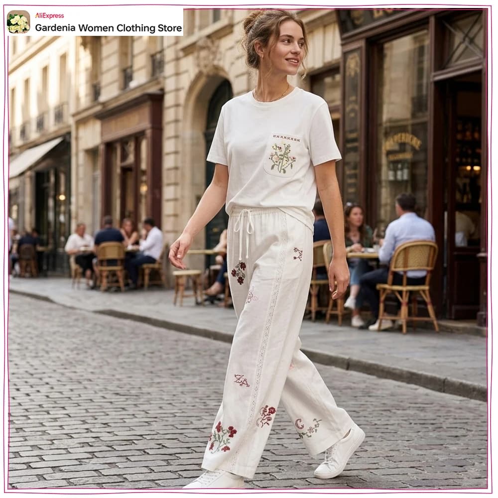 Stylish Embroidered Pant Sets for Women Summer Casual 2 Piece Sets Embroidered Pocket T-shirt and Drawstring Straight Leg Pants