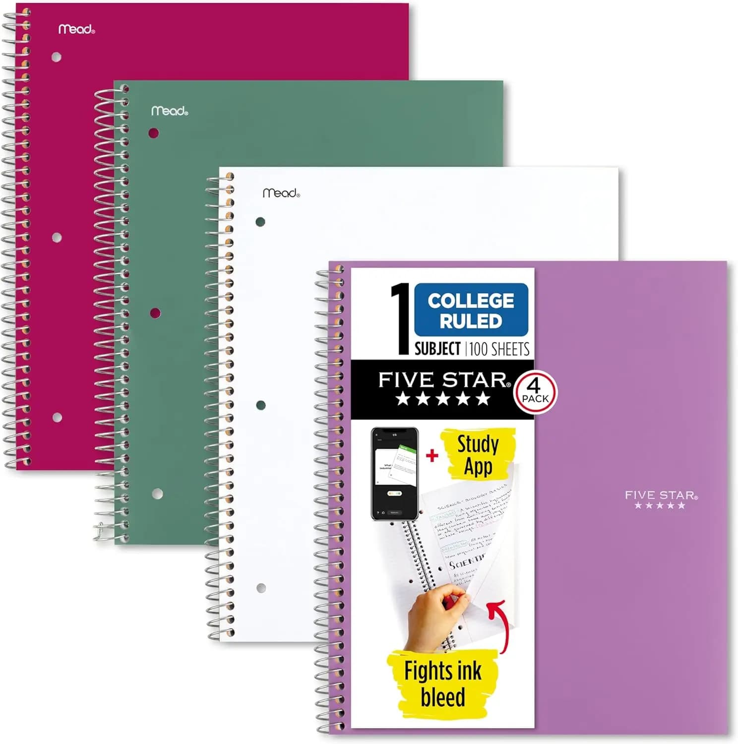 Set di 4 Quaderni a Spirale, 100 Fogli a Righe, Copertina Resistente all'Acqua, Protezione da Sbavature dell'Inchiostro, Viola Rosa Bianco Verde