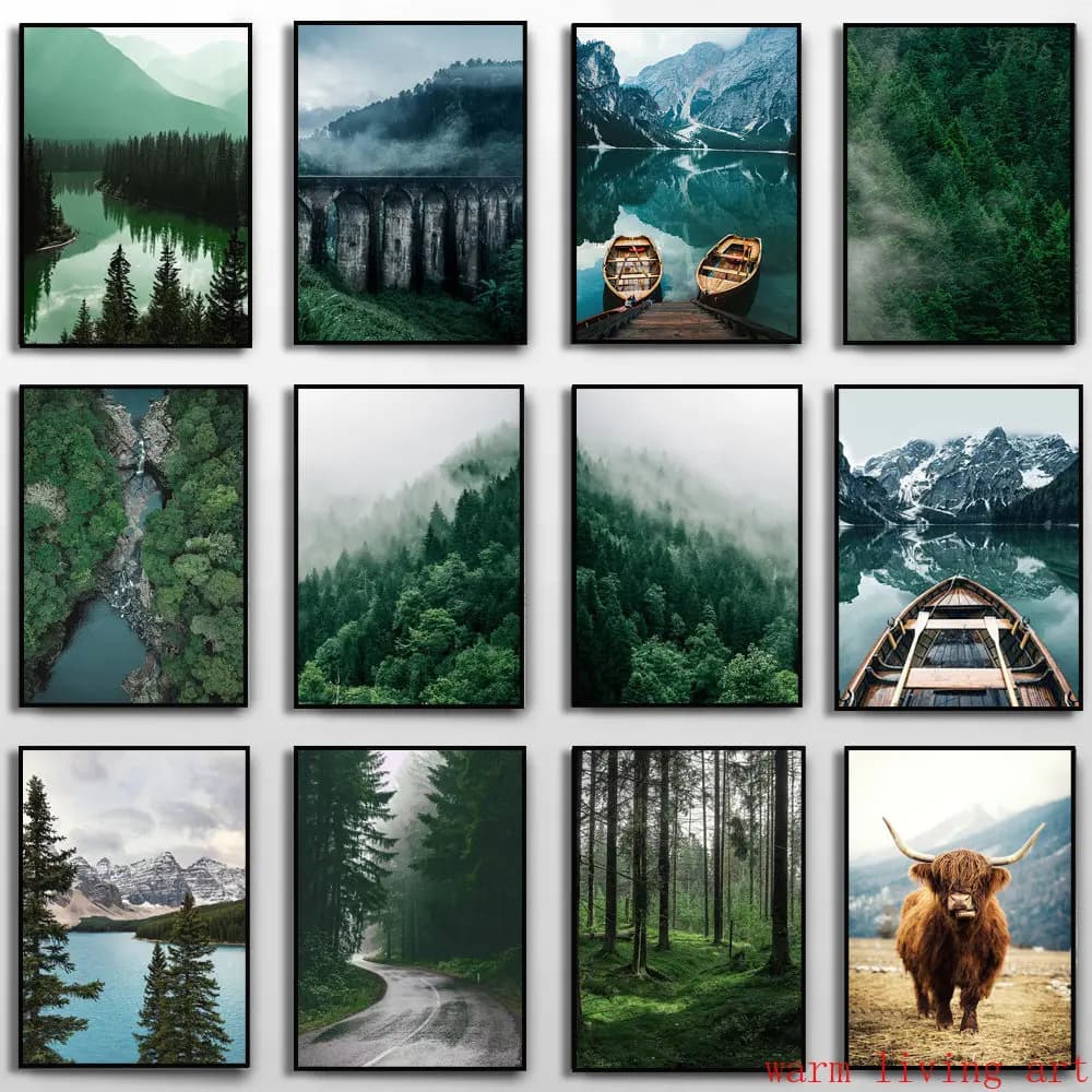 Nordic Natural Green Mountain Lake Forest Road Landscape Canvas Painting Print Poster Cow Forest Railway art Picture Home Dec