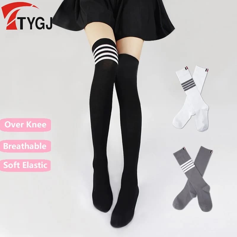 Ttygj Golf Socks Women's Stockings Solar Striped Socks Over Knee Girls Golf Sports Legging Breathable Waist Cover 2 Styles