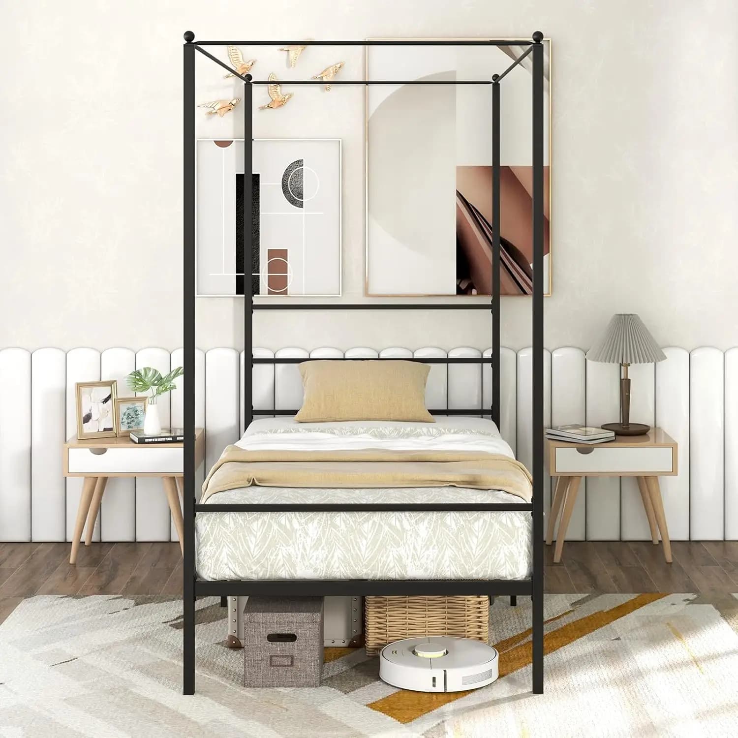 Struttura letto a baldacchino in metallo doppia, struttura letto moderna con piattaforma con 4 poster e testiera, base per materasso con robusta struttura in metallo