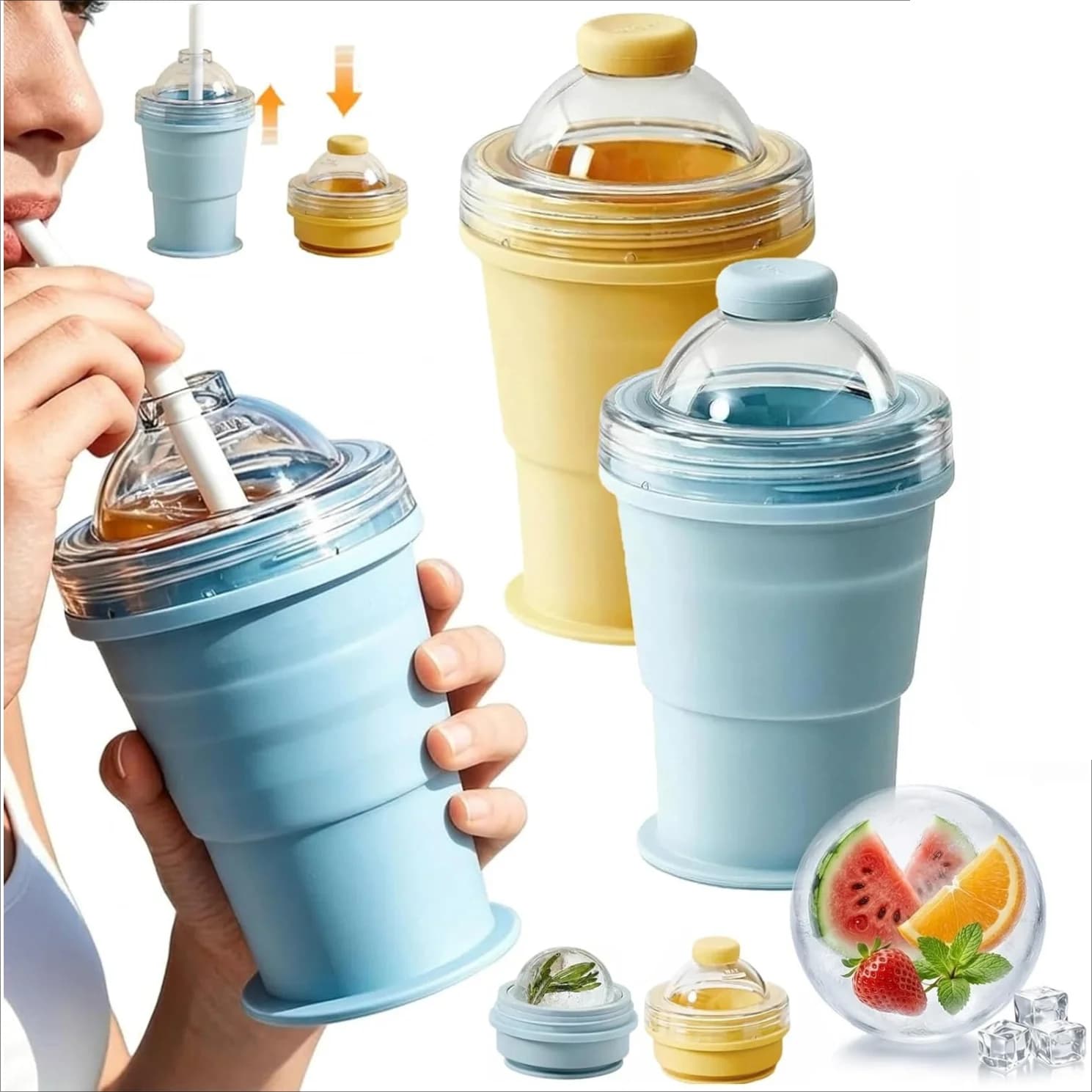 Tazza Portatile e Pieghevole per Cubetti di Ghiaccio con Cannuccia, Stampo in Silicone per Ghiaccio di Grado Alimentare, Accessorio per Tumbler da Viaggio Estivo