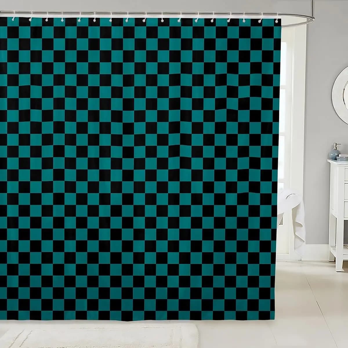 1pc Tenda da doccia per bambini a scacchiera verde acqua per l'arredamento del bagno 72 "L x 72" W Tenda da bagno geometrica scozzese per ragazzi e ragazze Retr