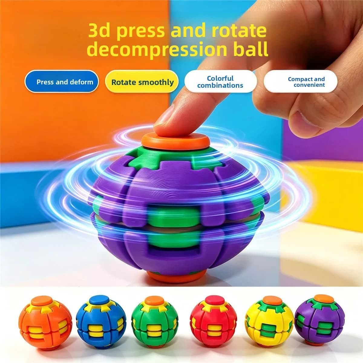 Colorful 3D Printed Stress Relief Ball, Dual Play Modes: Press & Spin, Fidget Spinner Pocket Toy for Office Stress Relief