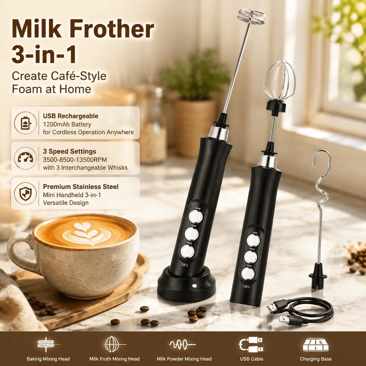 Electric Milk Frother Handheld Whisk USB Rechargeable 3-In-1 Coffee Foam Maker With 3 Speed Settings Portable Stainless Steel Drink Mixer Mini Blender Egg Beater For Cappuccino Latte Mocha Matcha Hot Chocolate Home Kitchen Gadget Tool Accessories