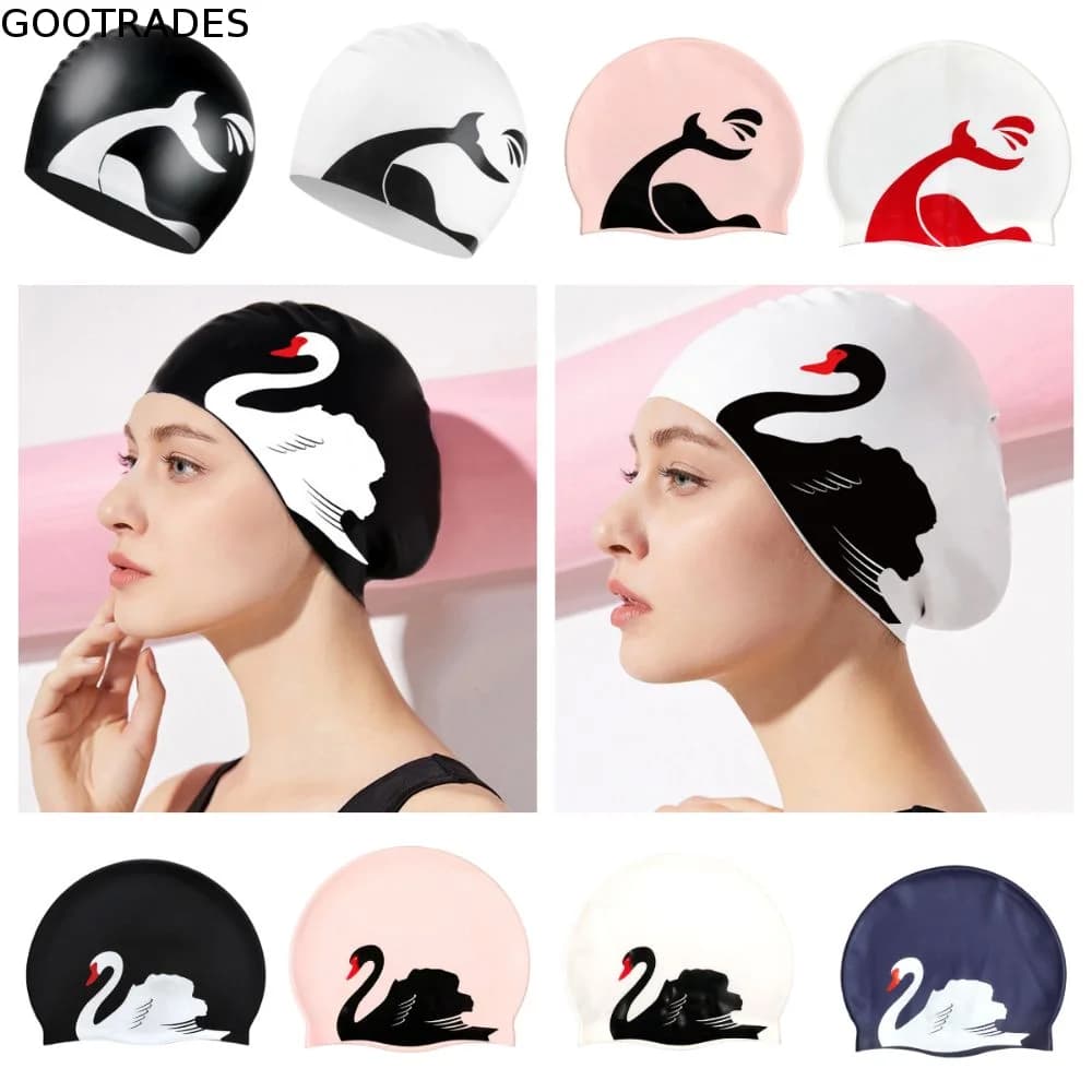 Plus Size Swimming Cap Anti Slip Ear Protection Diving Hat Printed Pattern Elastic Bathing Caps Swimming Pool