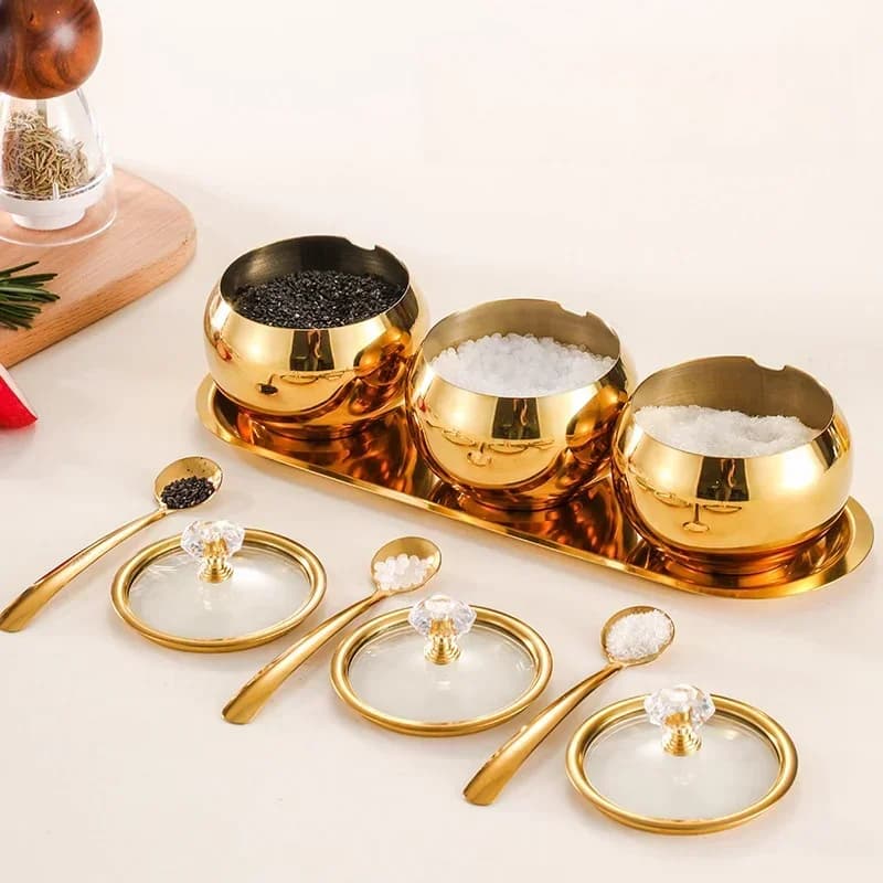 Set di condimenti in acciaio inossidabile 304 con coperchio, vassoio per cucchiaio, contenitori per spezie da cucina in stile coreano per zucchero, pepe, sale