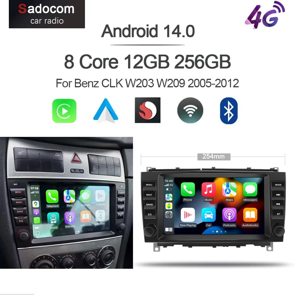 720P Carplay 8 "Android 14.0 8G + 256G Lettore Auto Autoradio navigazione GPS multimediale Per Benz CLK 200K 280 300 350 W209 2005-2012