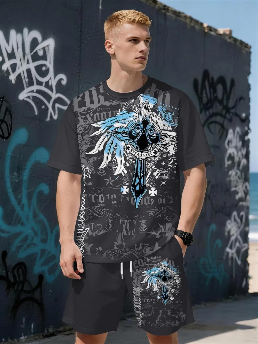 Men's Summer Gothic Angel Wing Printed Micro Elastic Breathable Round Neck T-shirt Drawstring Shorts Set Outdoor Street Wear
