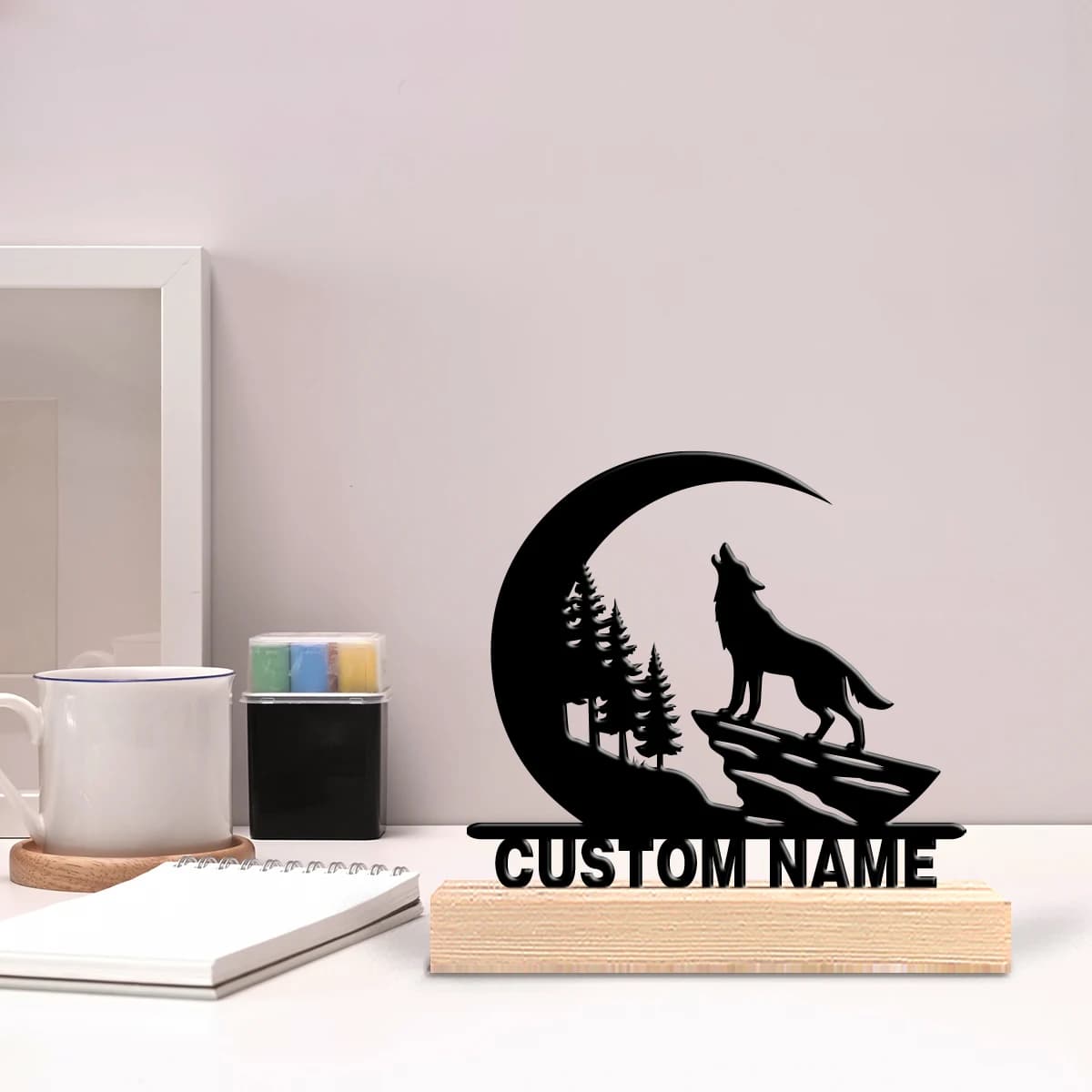 Custom table ornament with iron wolf and wooden base, ideal as gift for office and desk decoration