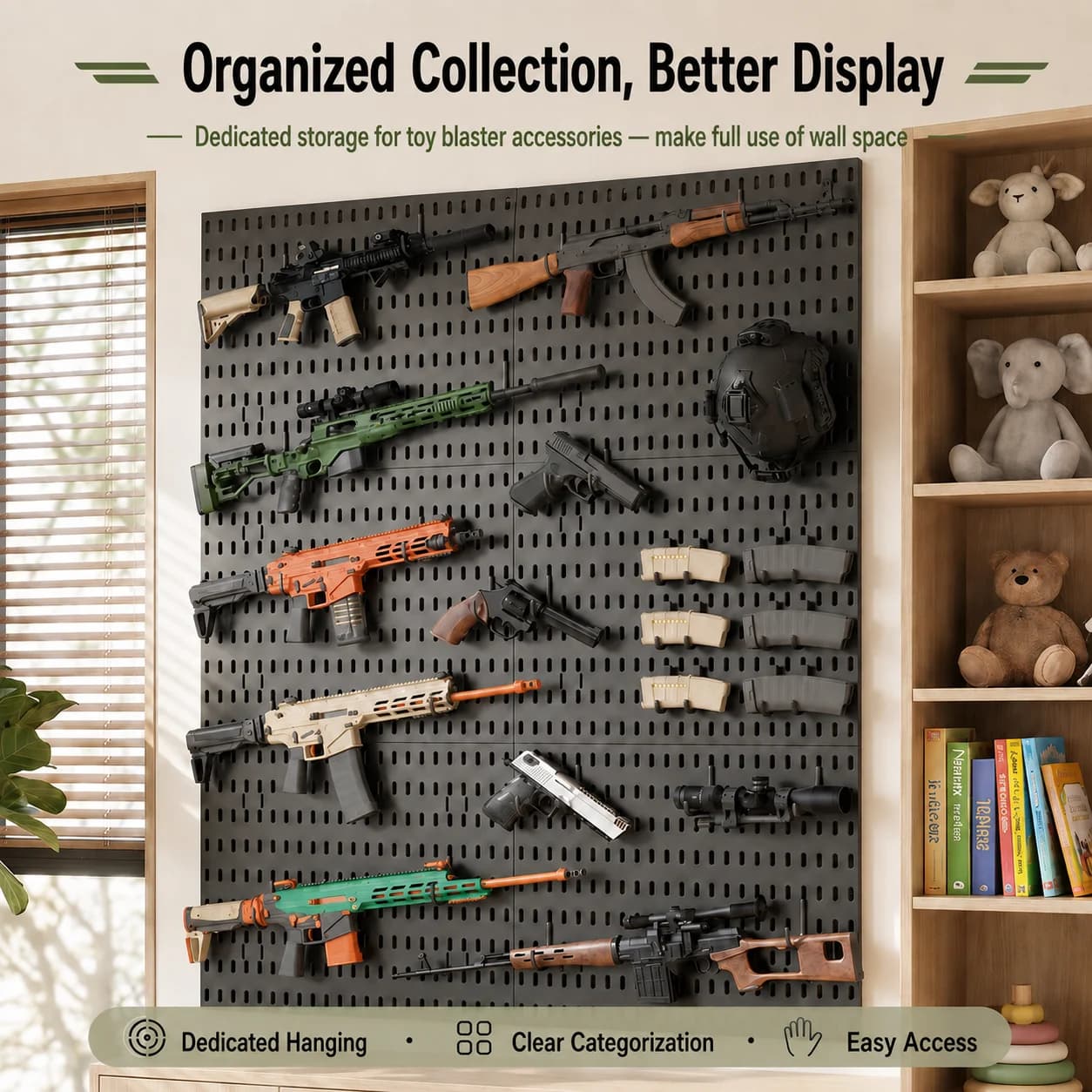 Toy Blaster Collection Storage Pegboard No Drill Wall Mount Panel Game Room Toy Gun Display Rack