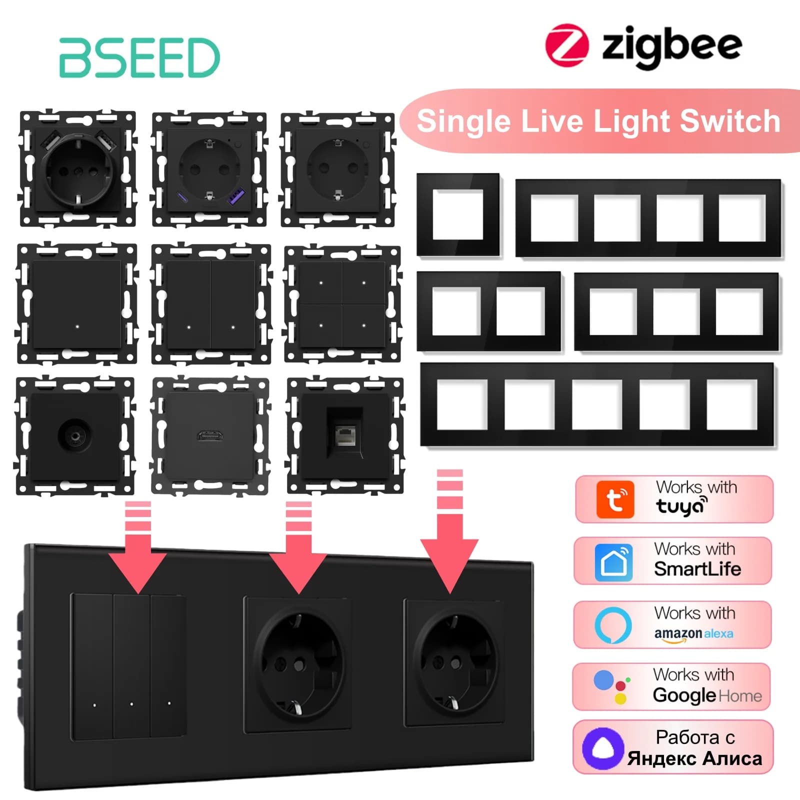 Moduli Interruttore a Scatto Zigbee BSEED, Componenti per Interruttore Luce Intelligente, Cornice in Vetro Combinabile Fai-da-Te, Prese a Muro con Caricatore USB