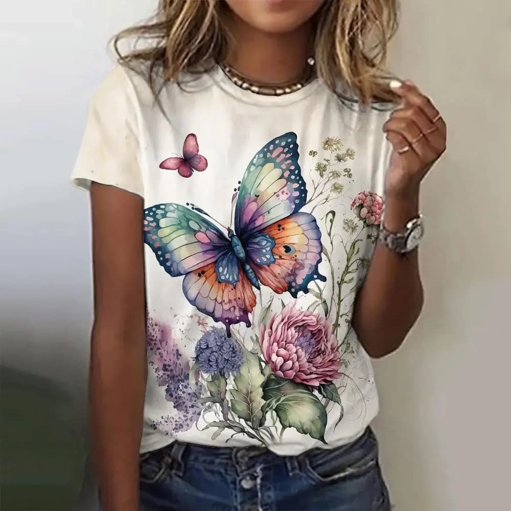 Funny 3D Butterfly Print Women's T-Shirts Fashion Flower Pattern Short Sleeve Tee Casual O-neck Loose Top Summer Female Clothing