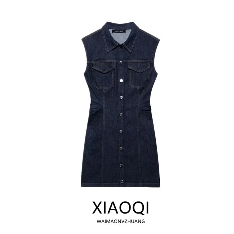 Spring 2025 Women's Commuter Denim Dress New Arrival Folded Skirt Single Piece Spring Summer Sleeveless Other Material 100%