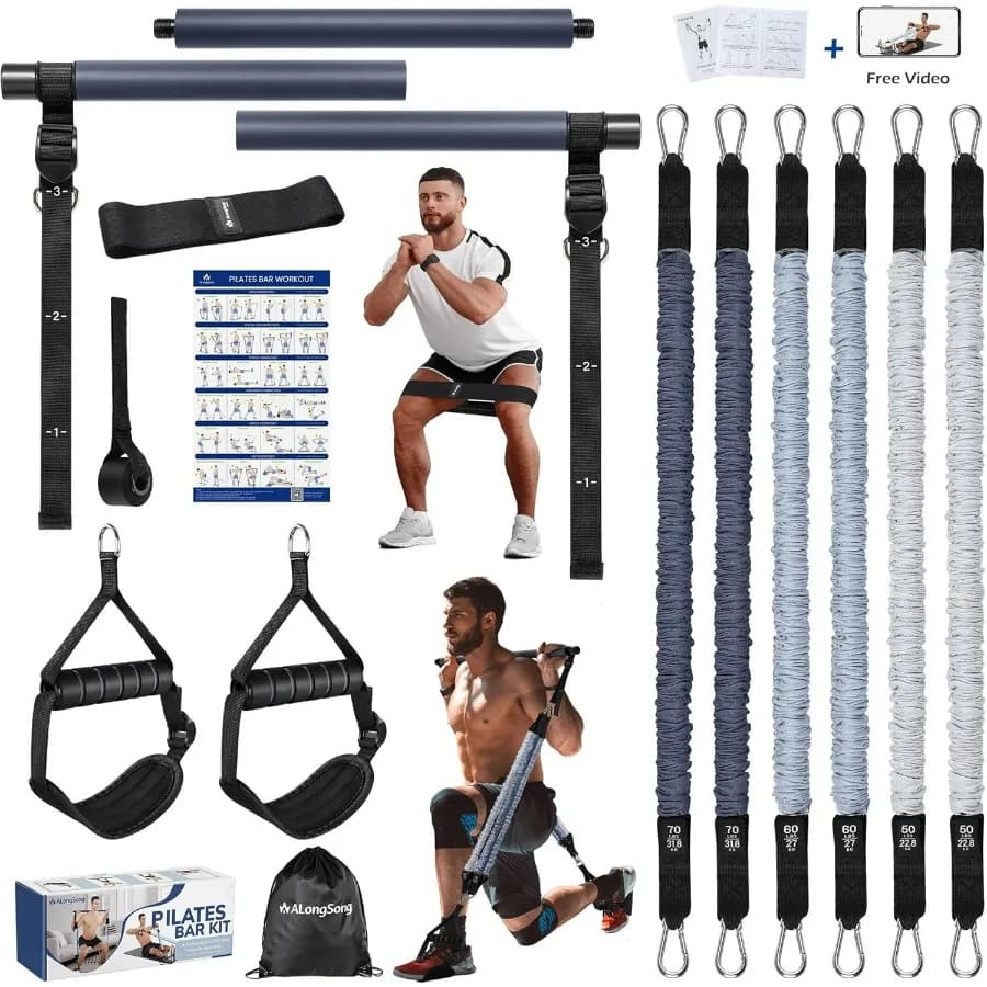 Kit updated pilates bar with natural latex resistance bands for women and men, multifunctional yoga in durable stainless steel