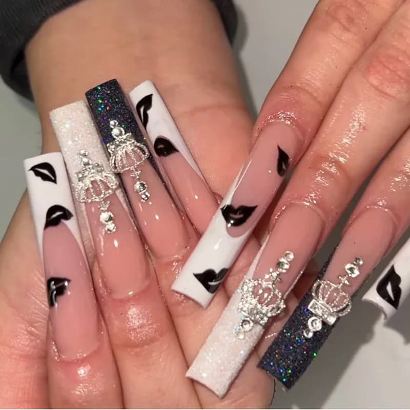 French tip Print on nails Long fake coffin Long nails Polished fake nails Crown Glitter glue on nails Acrylic nails with designs