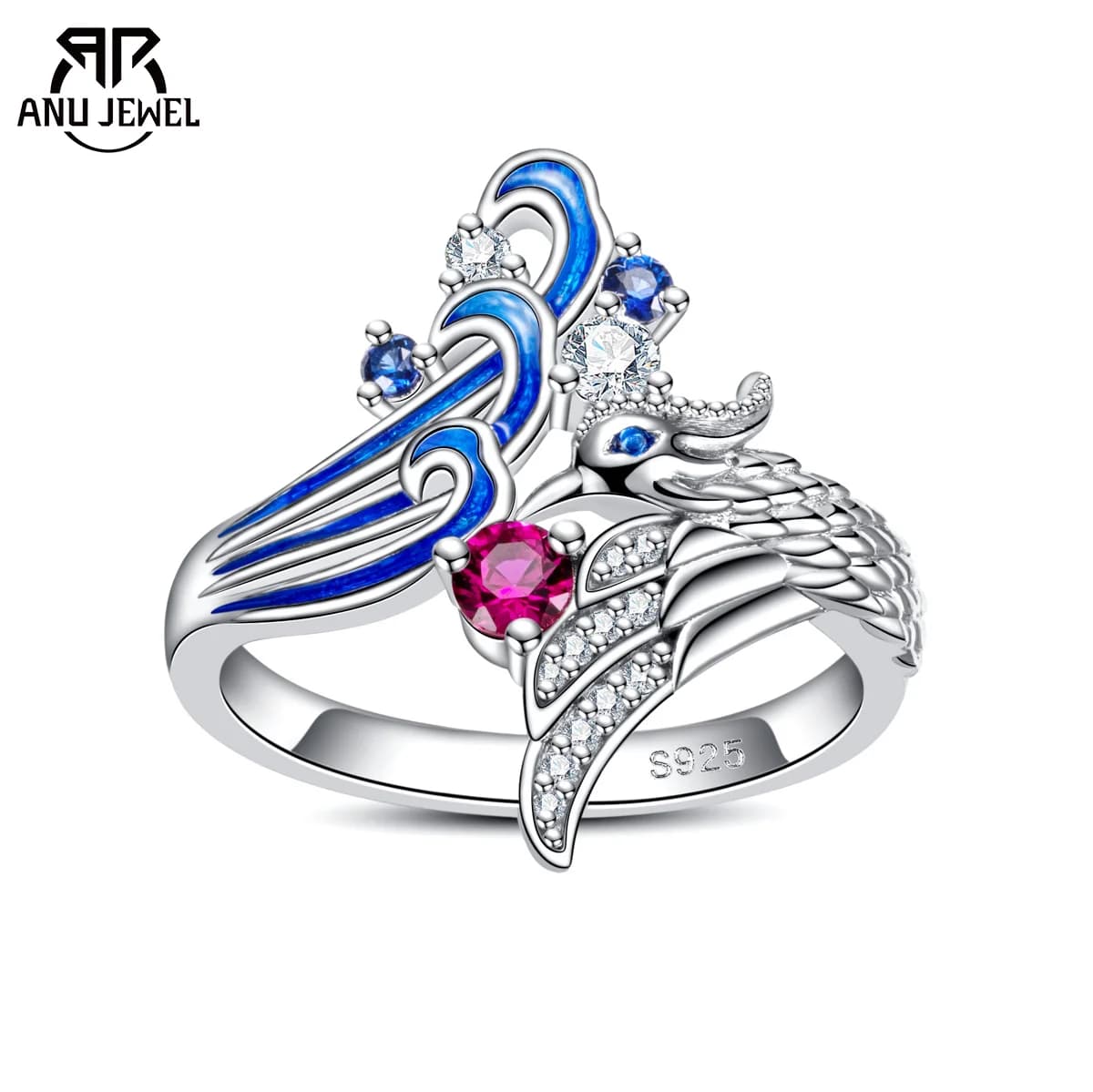 AnuJewel Moissanites Phoenix Wedding Bands Ring Classic of Mountains and Seas 925 Sterling Silver Wings Bridal Ring For Girls