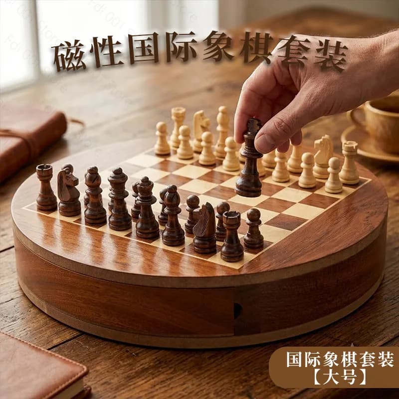 Magnetic Chess Set Wooden Round Chessboard Portable Chess Game for Kids Students