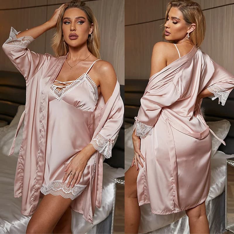 Sexy Lace Trim camicia da notte Kimono accappatoio abito sciolto raso di seta Home Wear Loungewear Sleepwear estate nuova donna Twinset Robe Set