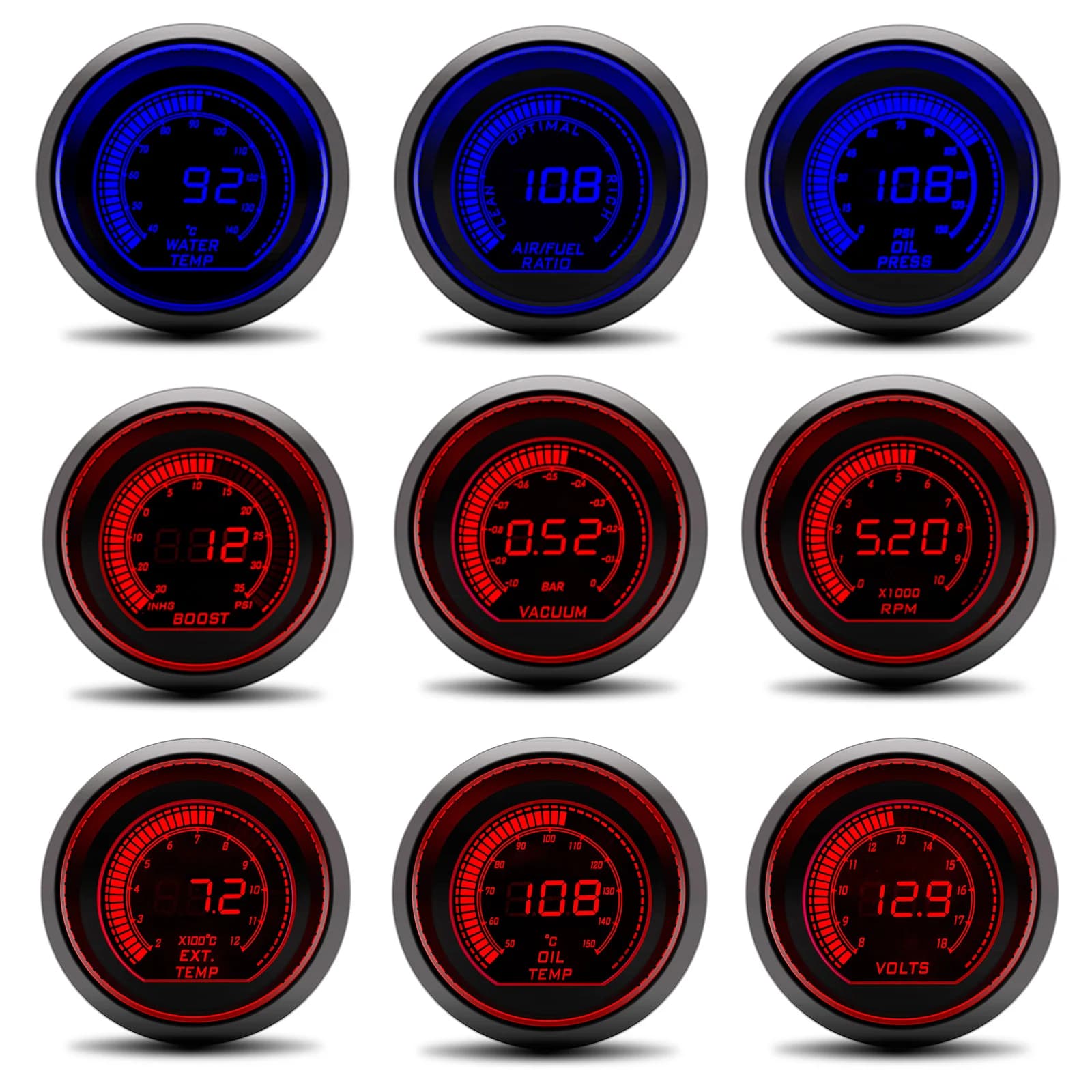 Misuratore della temperatura dell'acqua da 52 mm Barra di misurazione dell'acqua Psi Temp dell'olio Pressa dell'olio Volt Contagiri Manometro per vuoto Cialde Rosso Blu personalizzato
