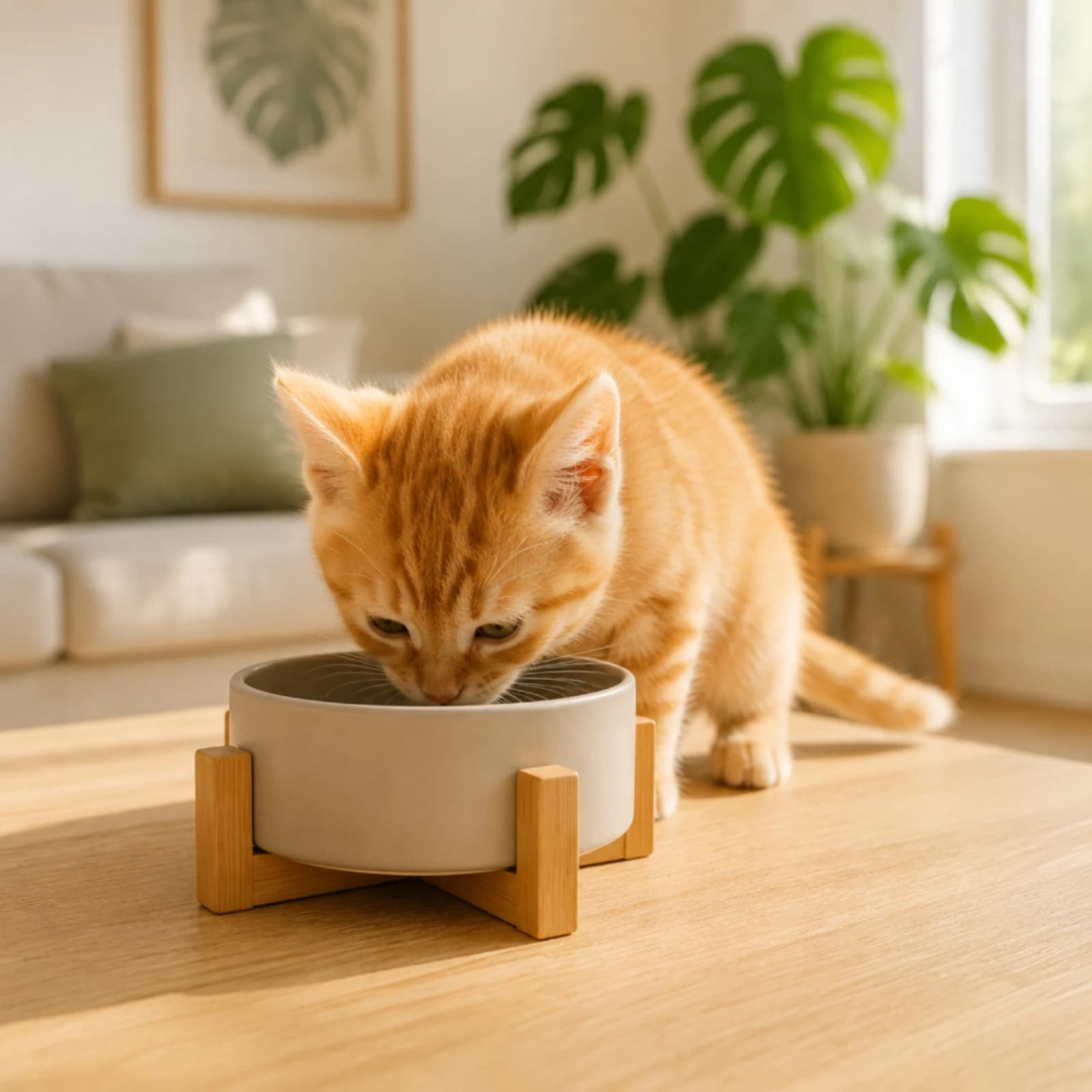 Ceramic Pet Food Bowl Easy to Clean Ceramic Bowl Wood Stand Raised Pet Dish Dishwasher Safe Tilted Feeding Station for Kittens