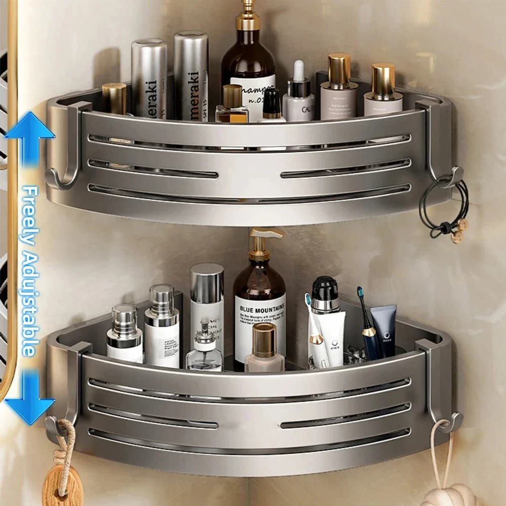 Mensola angolare per doccia con gancio per portasciugamani Spazio Mensola da bagno in alluminio senza foratura Porta shampoo Accessori da bagno