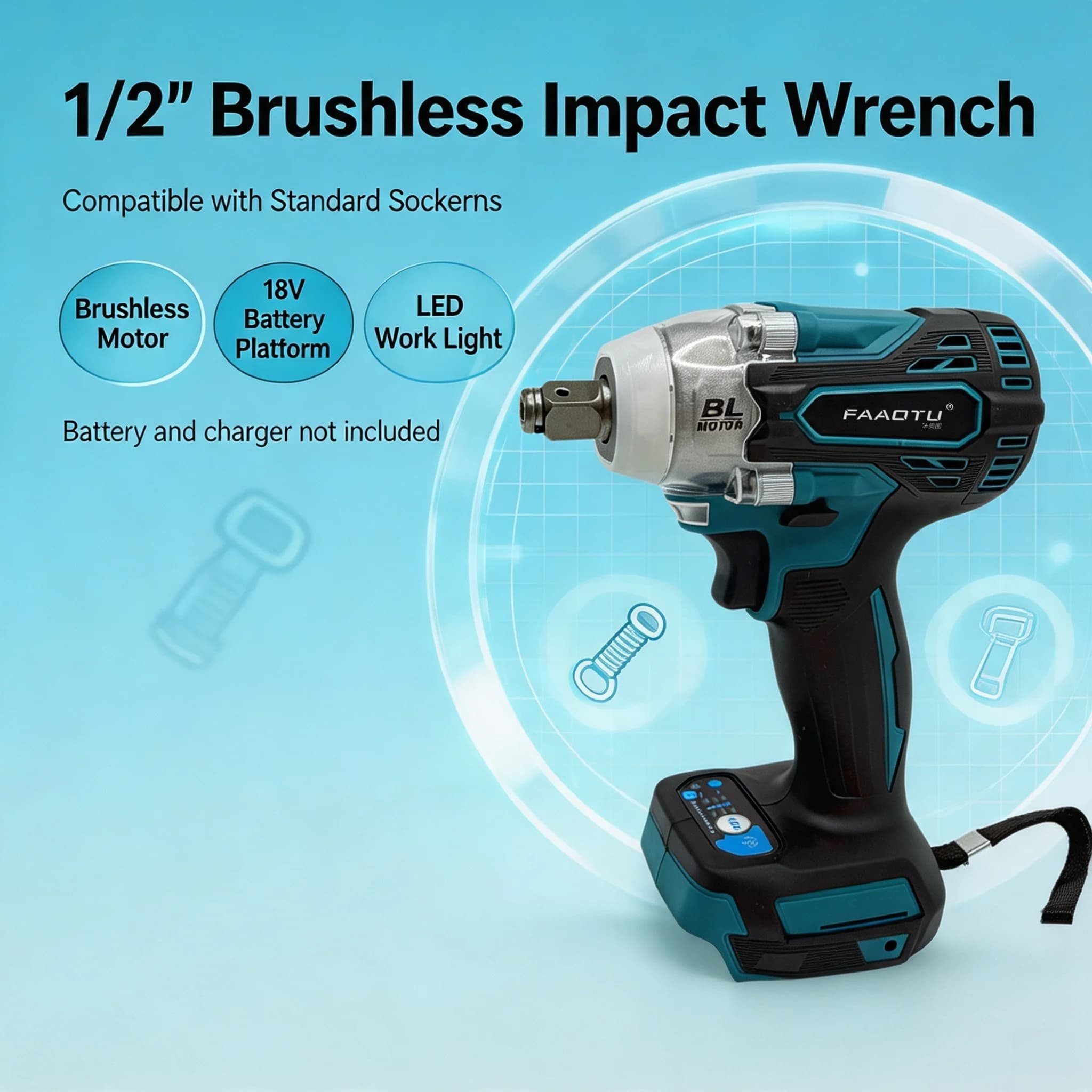 FAAOTU 300 18V Brushless Cordless Wrench High Torque Auto Repair Tool Set Lithium-ion Power Wind Cannon for Tire Removal