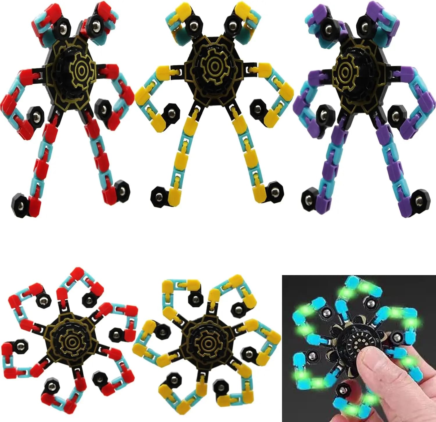 6 Pezzi Robot Luminosi Trasformabili Fidget Spinner, Giocattoli da Dito per Bambini, Antistress, Gadget per Feste di Compleanno, Premi per la Classe