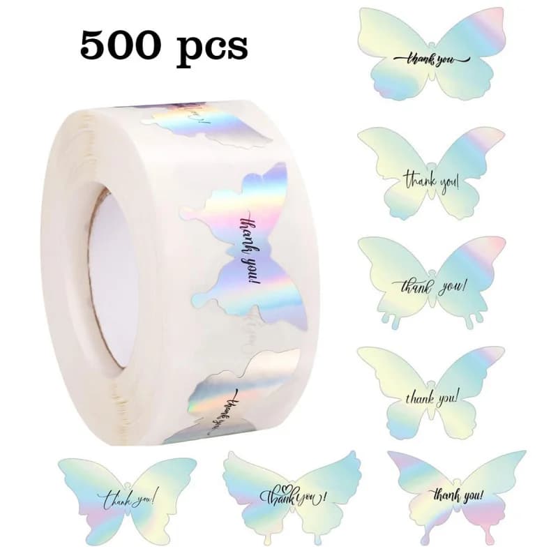 500 pezzi/rotolo di adesivi laser a forma di farfalla con scritta 'Grazie', etichette autoadesive per sigillare pacchi e buste regalo, adesivi decorativi per cancelleria.
