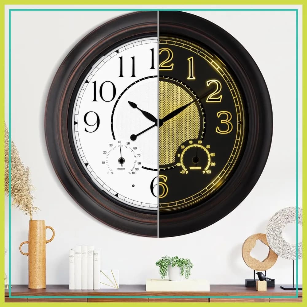 Orologio da Parete Illuminato da Esterno 18'' con Sensore Luce Notturna, Impermeabile, Termometro e Igrometro per Patio, Piscina, Giardino