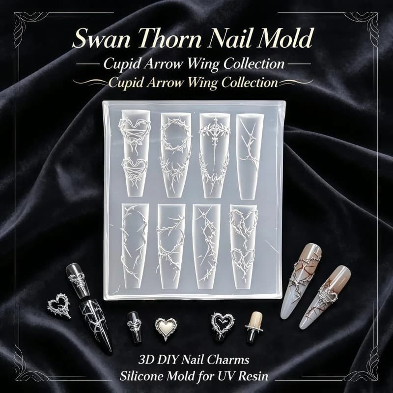 Cupid Wing Arrow Thorn Silicone Nail Mold, Dark Swan Wing Heart Thorns 3D Embossed DIY UV Resin Manicure Charms Mold