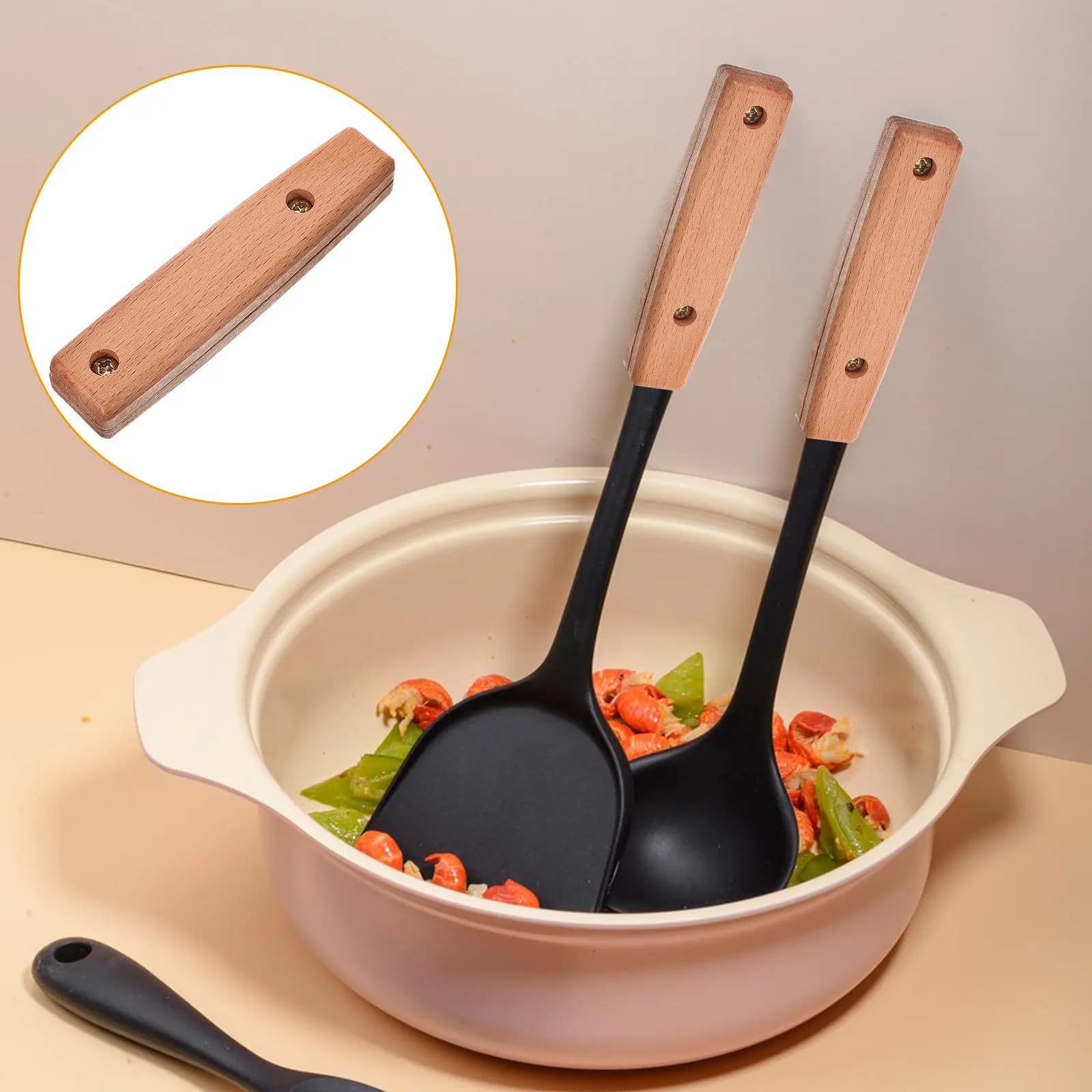 1Set Spatula Wooden Handle Replacement Anti Scald Heat Resistant Grip Suitable for Kitchen Frying Pan Turner Spatula Handle