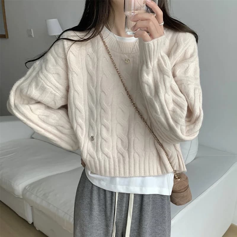 Autumn Winter Round Neck Cropped Sweaters Women Chic Solid Coloe Long Sleeve Knitted Jumpers Woman Korean Loose Twist Sweater